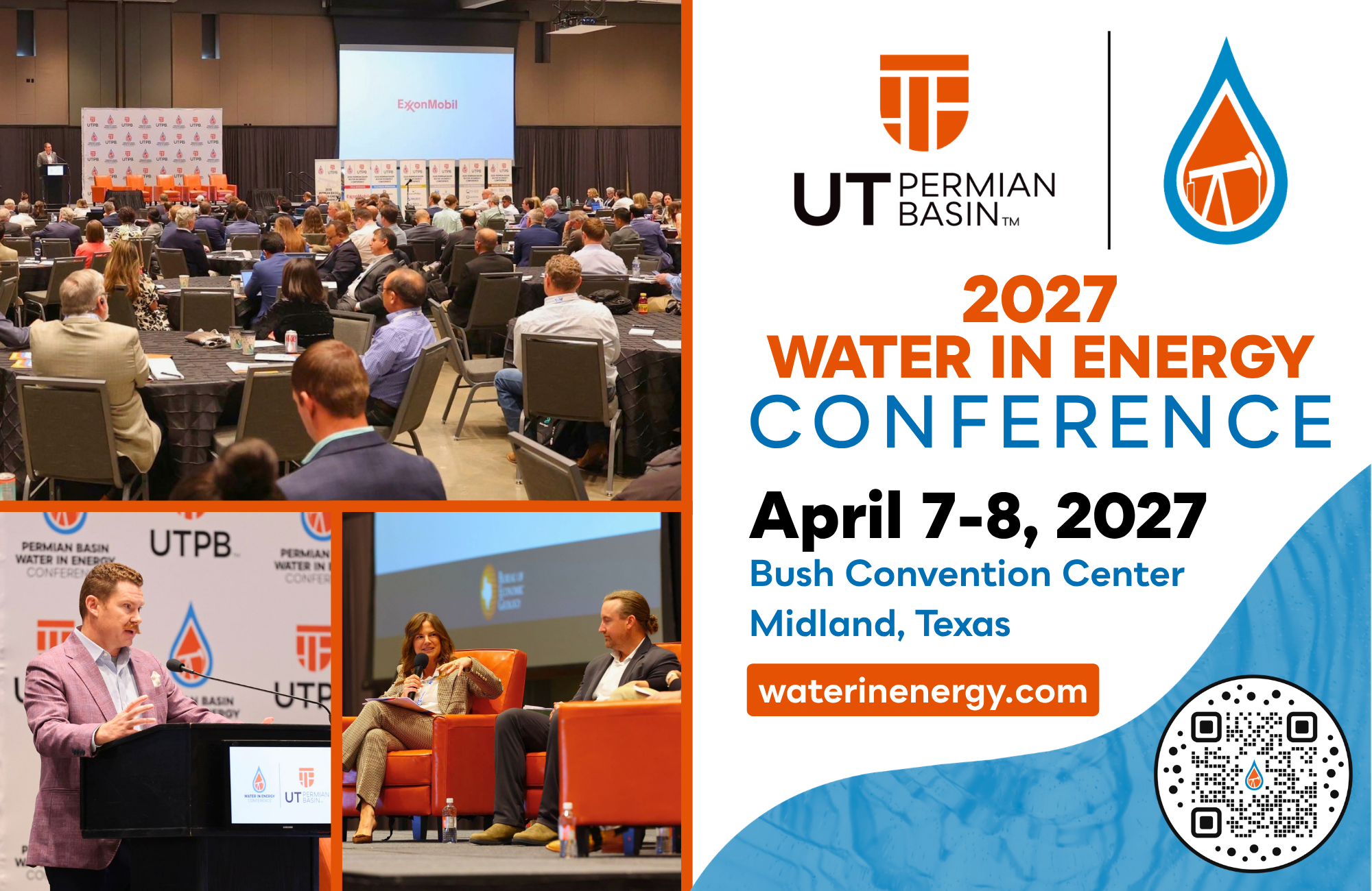 2027 Water in Energy Conference promotional graphic featuring event photos, UTPB branding, and conference details for April 7–8 in Midland, Texas.